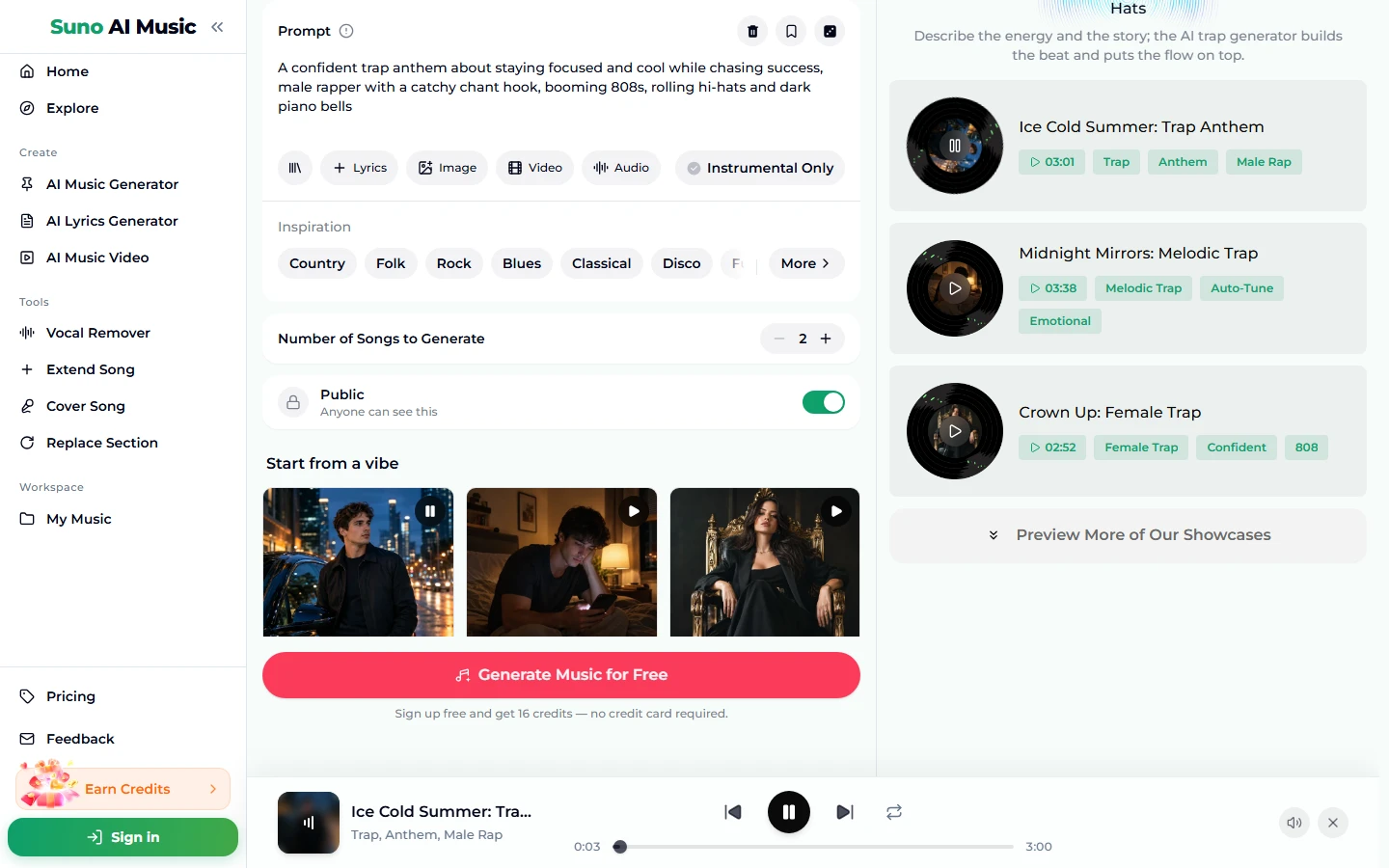 After tapping the Trap anthem tile: the tile shows a pause icon, the Prompt box holds the trap anthem prompt, the example list on the right shows Ice Cold Summer, Midnight Mirrors and Crown Up, and the player bar at the bottom plays Ice Cold Summer: Trap Anthem
