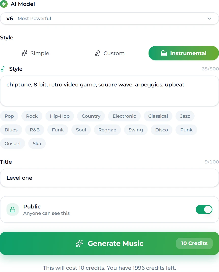 The 8-bit music generator form with the Instrumental tab selected, the style chiptune, 8-bit, retro video game, square wave, arpeggios, upbeat and the title Level one
