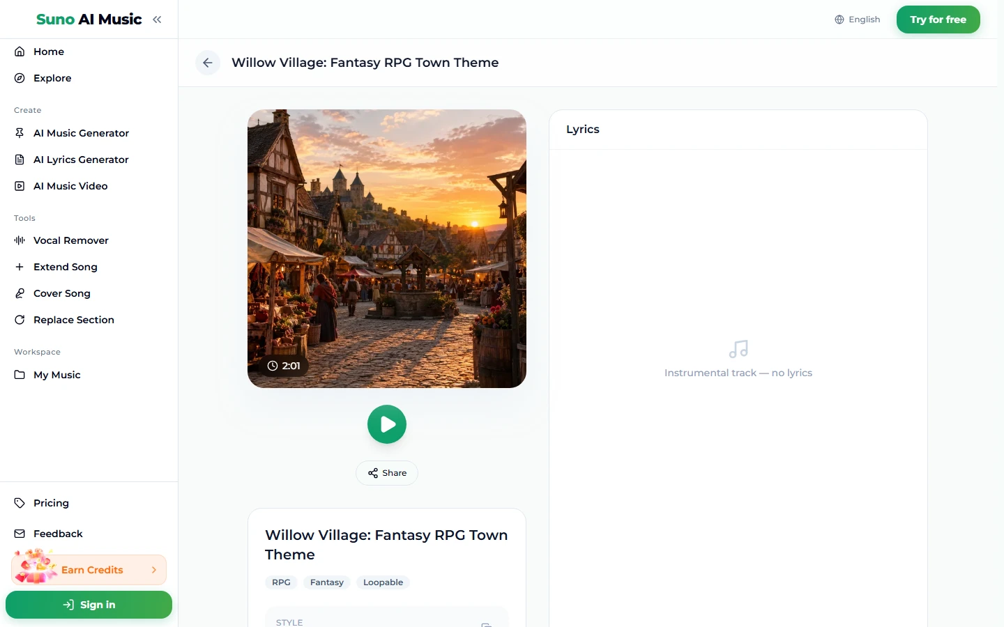 Willow Village: Fantasy RPG Town Theme 곡 페이지. 해 질 녘 중세 시장 거리 커버 사진, 2:01 표시, 재생 버튼, 공유, RPG·Fantasy·Loopable 태그, Instrumental track — no lyrics라고 적힌 가사 패널
