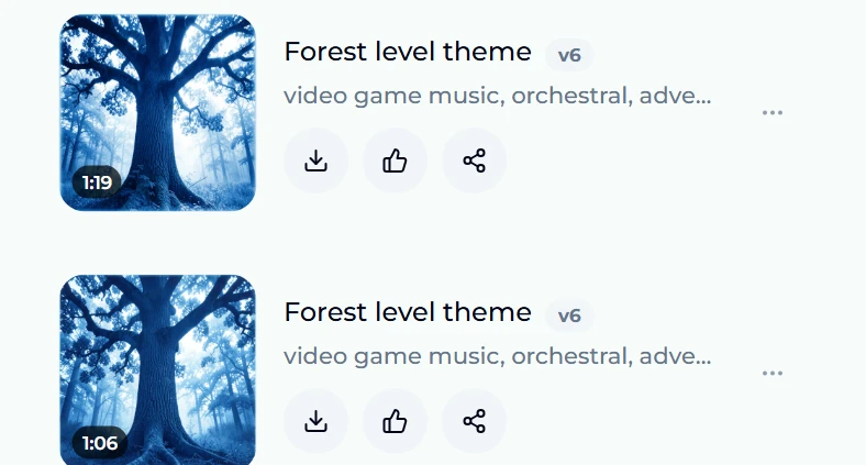 Two finished takes titled Forest level theme in the Songs panel, generated with v6, one 1:19 long and one 1:06 long, each with download, like and share buttons