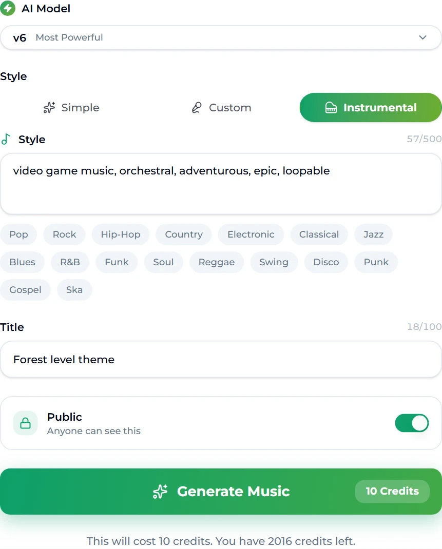 The game music maker on Suno AI Music with the Instrumental tab selected, the Style box reading video game music, orchestral, adventurous, epic, loopable, the title Forest level theme, the model set to v6 and a Generate Music button costing 10 credits