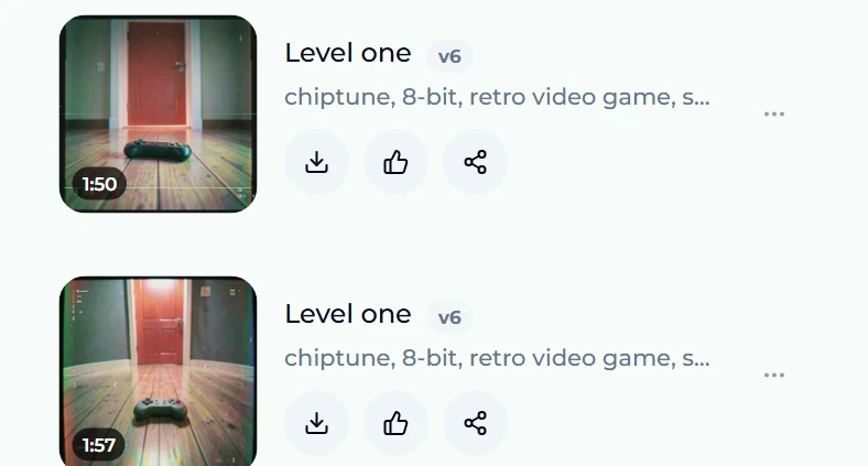 Two finished chiptune takes titled Level one in the Songs panel, 1:50 and 1:57 long, generated with v6