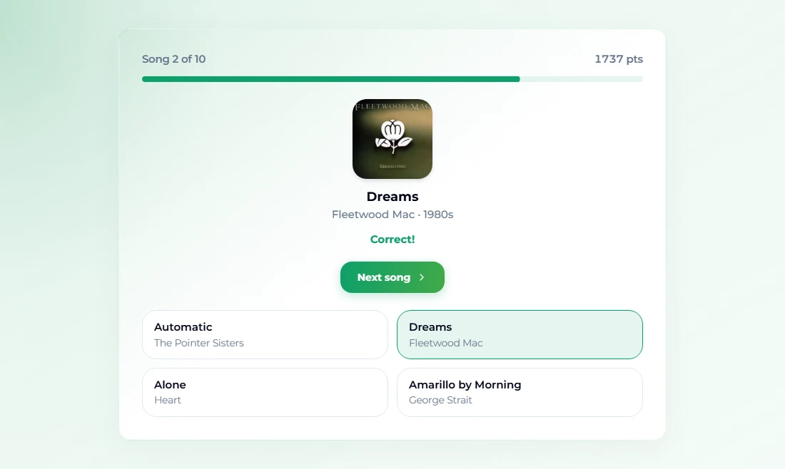 The reveal after a correct answer: the album art and the title Dreams by Fleetwood Mac, the word Correct! in green, the score now 1,737 points, a Next song button, and the Dreams option highlighted in green