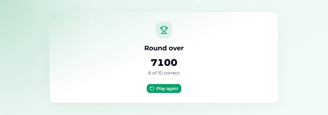 The Round over screen with a trophy icon, a final score of 7,100 and the line 8 of 10 correct, above a Play again button