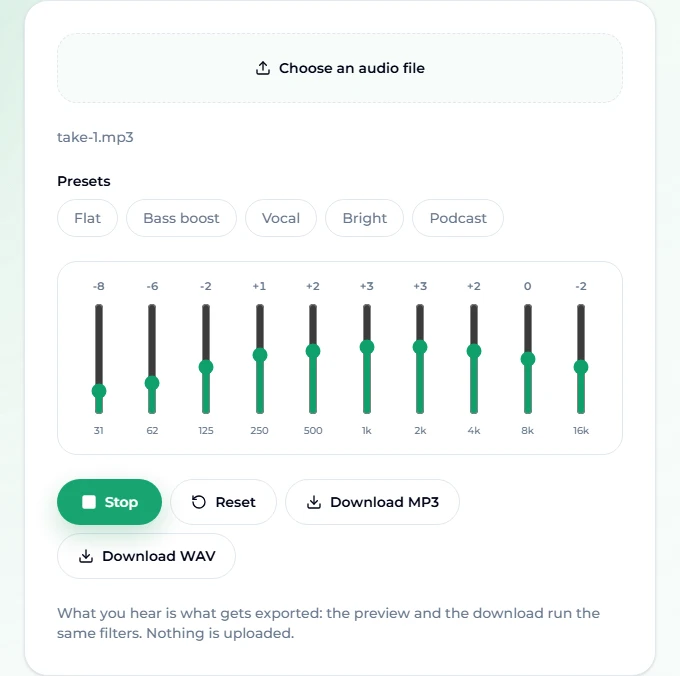 The ten-band audio equalizer with a file loaded and the Podcast preset applied: the sliders read −8, −6, −2, +1, +2, +3, +3, +2, 0 and −2 from 31 Hz to 16 kHz, the preview is playing, and the Download MP3 and Download WAV buttons sit beside Reset