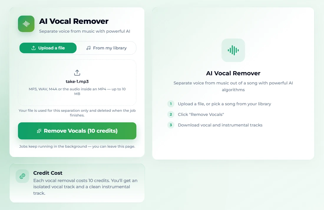 The AI Vocal Remover form on the background music remover page with the Upload a file tab selected, a recording called take-1.mp3 loaded into the dashed upload box, the limits MP3, WAV, M4A or the audio inside an MP4 up to 10 MB, and the Remove Vocals (10 credits) button below