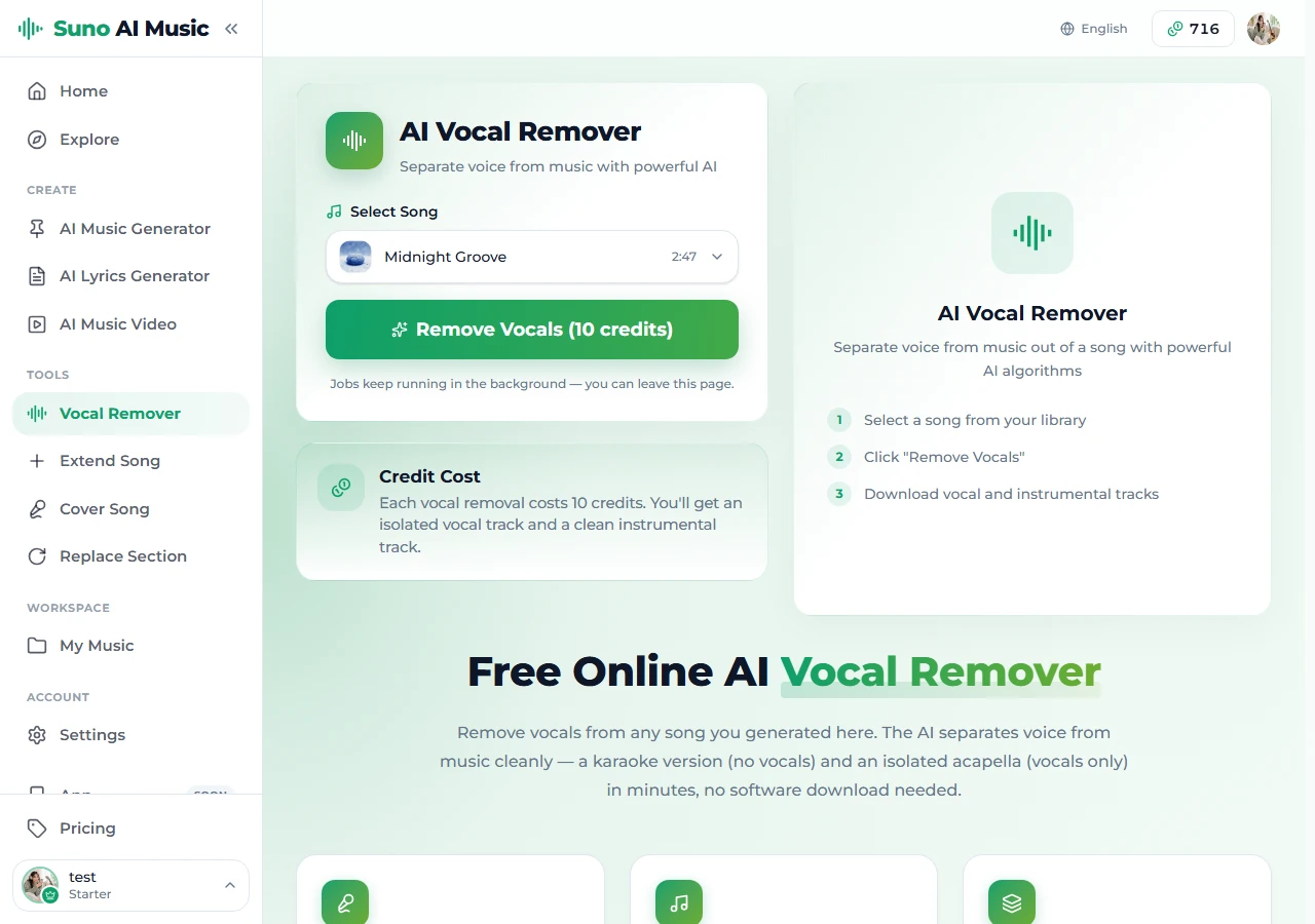 The Vocal Remover workspace on Suno AI Music: "Midnight Groove" selected from the library, ready to separate into a vocal and an instrumental