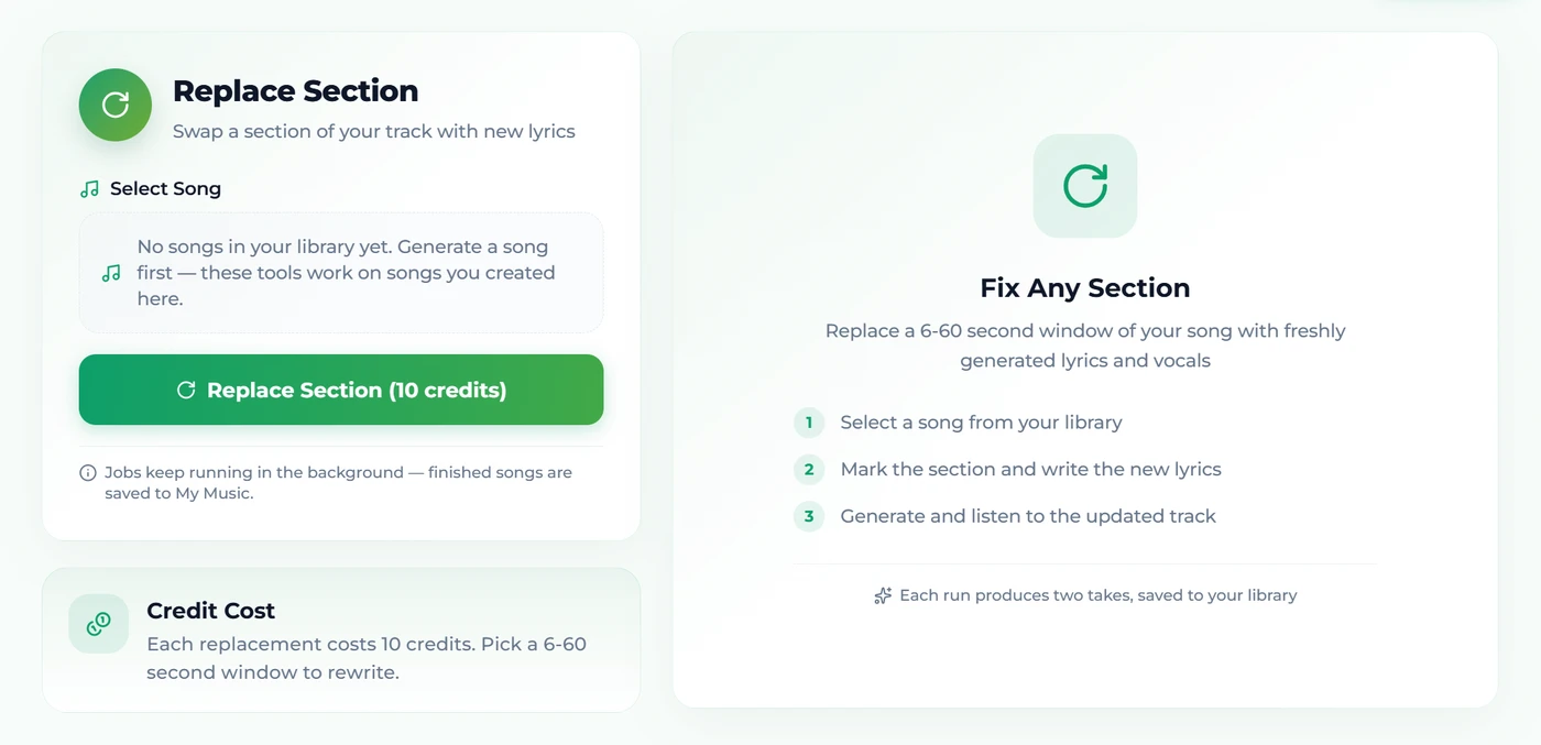 The Replace Section tool on Suno AI Music: pick a track from your library, and the panel beside it states the rule — a 6–60 second window swapped for freshly generated lyrics and vocals, 10 credits a run, two takes saved back to your library