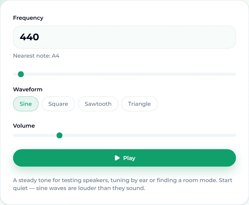 Frequency generator on Suno AI Music set to 440 Hz with "Nearest note: A4", waveform options Sine, Square, Sawtooth and Triangle, a volume slider and a Play button