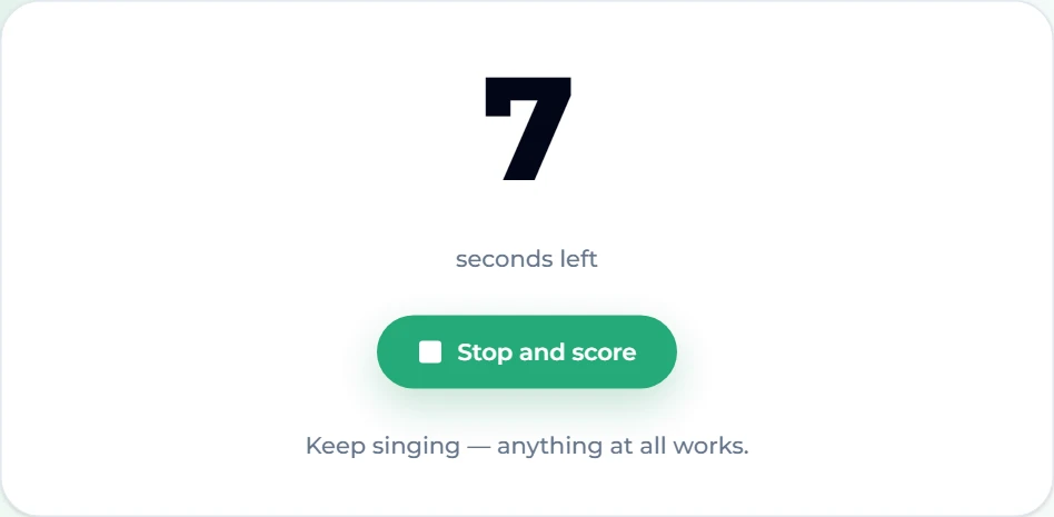Rate my voice on Suno AI Music mid-take: 7 seconds left, the button reading "Stop and score", and the prompt "Keep singing — anything at all works."
