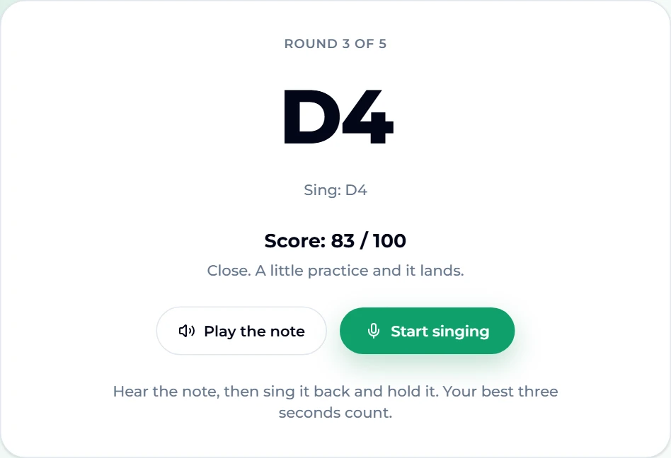 Singing test on Suno AI Music, Round 3 of 5: the next target D4 with "Play the note" and "Start singing" buttons, and the previous round's result "Score: 83 / 100 — Close. A little practice and it lands."