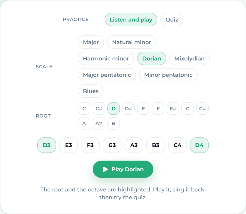 Scale practice in Listen and play mode with Dorian and root D selected, showing the notes D3 E3 F3 G3 A3 B3 C4 D4 and a "Play Dorian" button