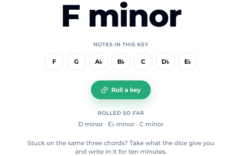 The random key generator showing F minor with its scale notes F, G, A♭, B♭, C, D♭, E♭, a Roll a key button, and the previous rolls D minor, E♭ minor and C minor