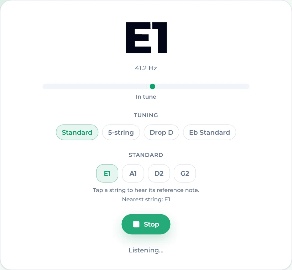 The free bass tuner reading the open low E string at 41.3 Hz: the display shows E1 and In tune, with the standard bass strings E1 A1 D2 G2 below