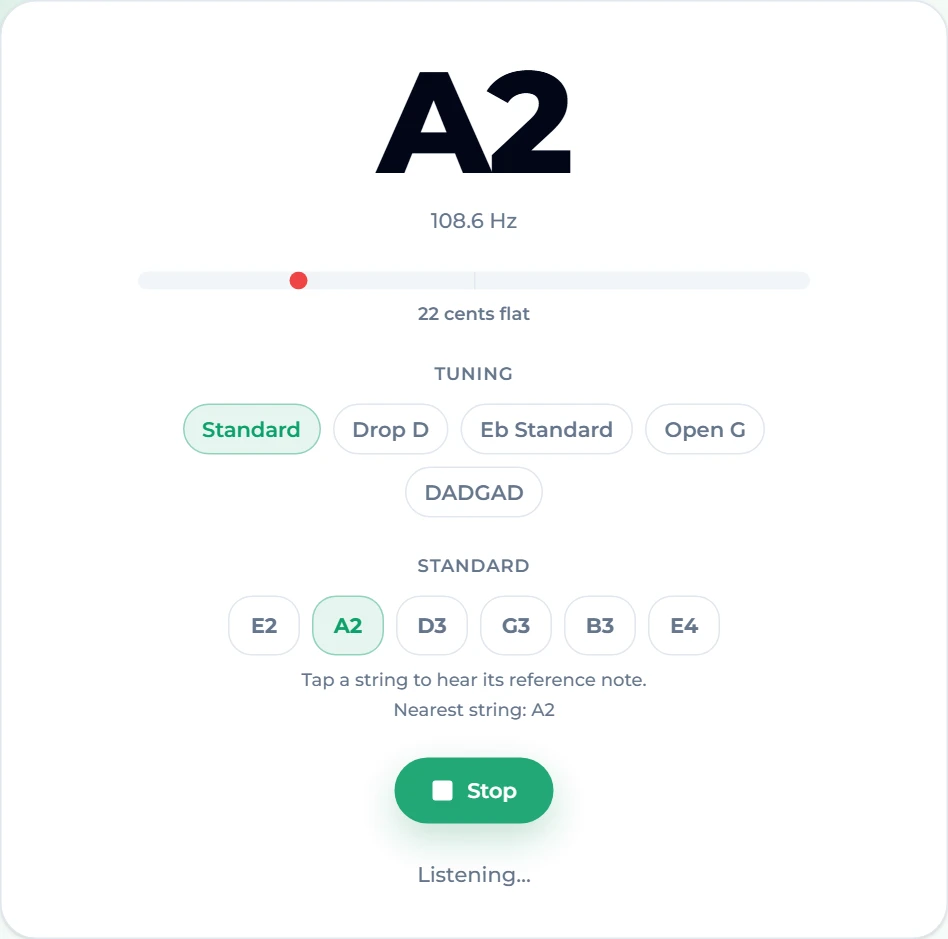 The free guitar tuner hearing the A string at 108.4 Hz: the display reads A2, the needle sits left of centre and the line underneath says 26 cents flat, with the A2 chip highlighted in the standard tuning row