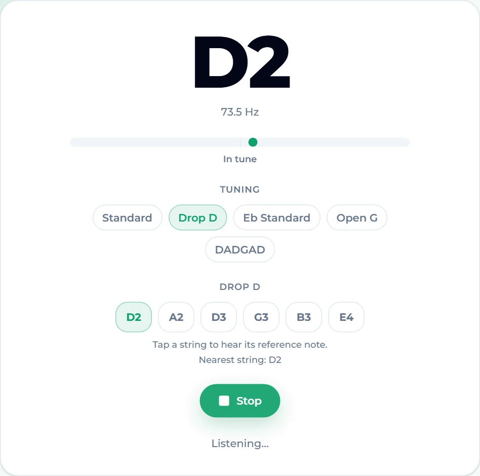 The guitar tuner with the Drop D chip selected: the string row reads D2 A2 D3 G3 B3 E4, the display shows D2 at 73.6 Hz and the status reads In tune