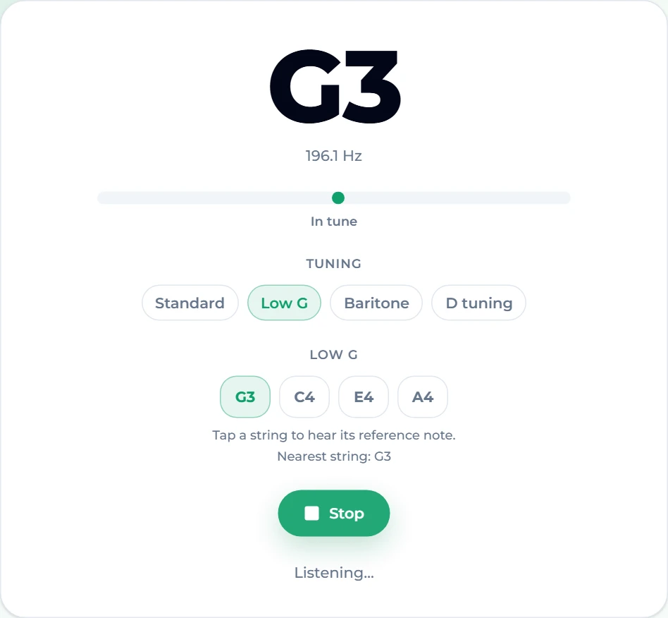 The ukulele tuner with the Low G chip selected: the row reads G3 C4 E4 A4, the display shows G3 at 196.3 Hz and the status says In tune
