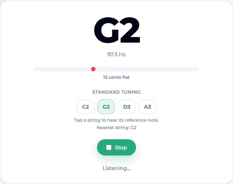 The free cello tuner hearing the G string at 97.3 Hz: the display reads G2, the needle is left of centre and the line says 13 cents flat, with C2 G2 D3 A3 listed under standard tuning
