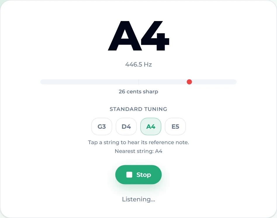 The free violin tuner hearing the A string at 446.5 Hz: the display reads A4, the red needle sits right of centre and the line underneath says 26 cents sharp, with the A4 chip highlighted in the G3 D4 A4 E5 row