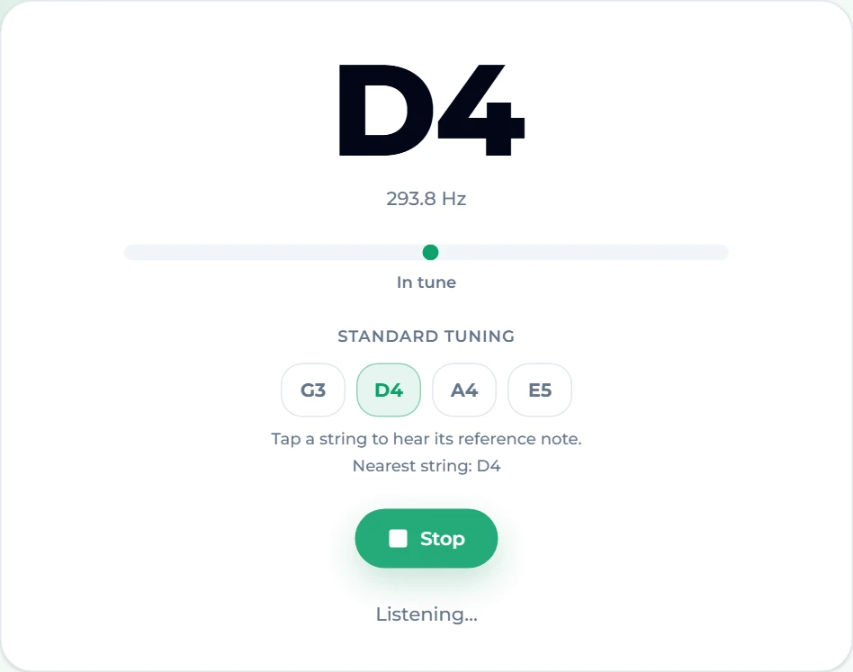 The violin tuner with the D string at 293.8 Hz: the display reads D4, the needle is centred and the status says In tune, with D4 highlighted as the nearest string