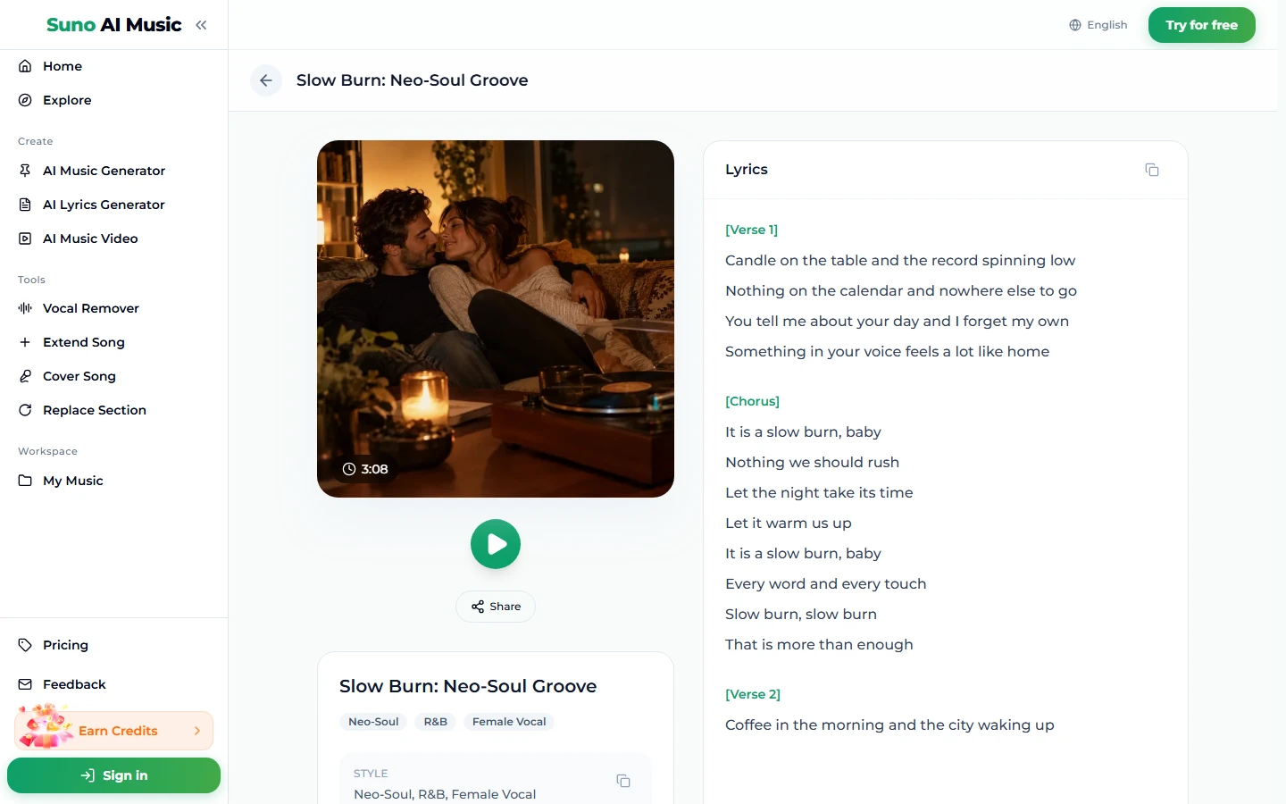 La page de la chanson Slow Burn: Neo-Soul Groove : une photo de pochette d'un couple sur un canapé à la lueur des bougies, marquée 3:08, un bouton de lecture, Partager, les étiquettes Neo-Soul, R&B et Female Vocal, et un panneau de paroles affichant Verse 1, le Chorus qui commence par It is a slow burn, baby, et le début du Verse 2