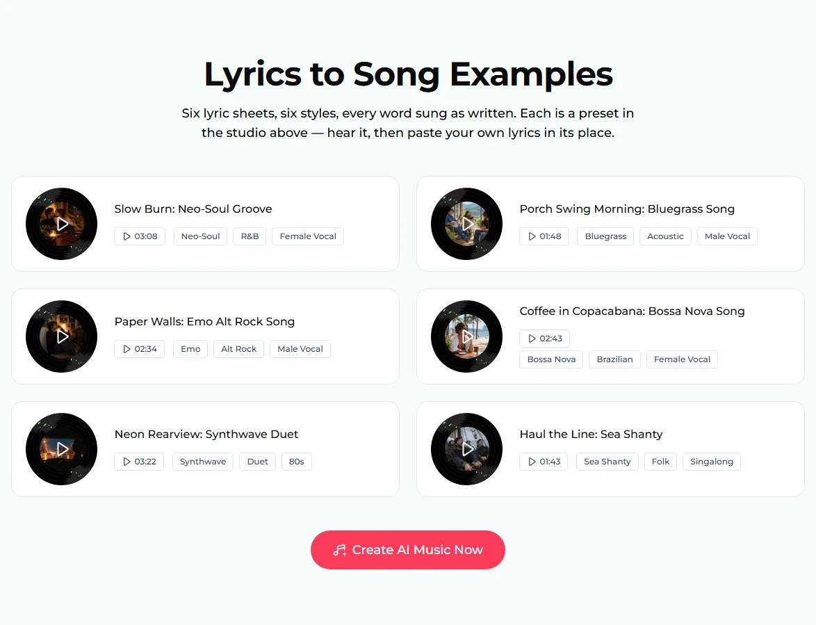 La section Exemples de paroles en chanson : six cartes avec des disques de platine, Slow Burn: Neo-Soul Groove 03:08, Porch Swing Morning: Bluegrass Song 01:48, Paper Walls: Emo Alt Rock Song 02:34, Coffee in Copacabana: Bossa Nova Song 02:43, Neon Rearview: Synthwave Duet 03:22 et Haul the Line: Sea Shanty 01:43