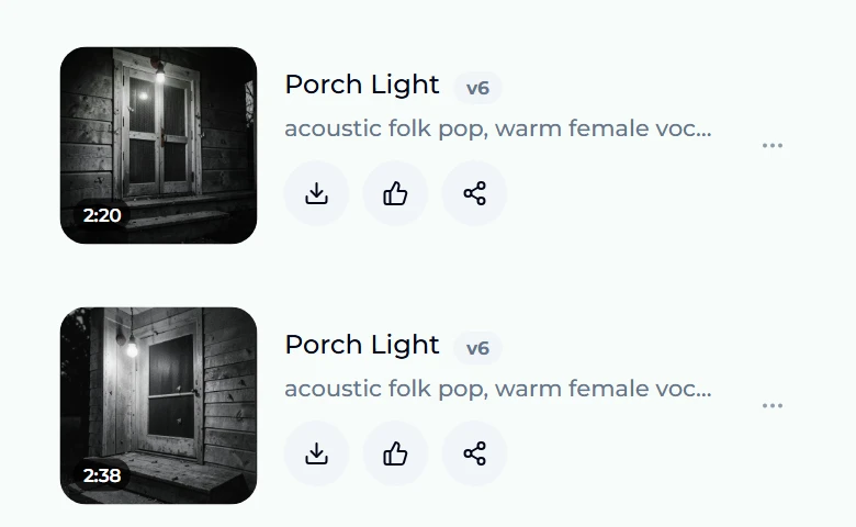 The same two Porch Light rows finished: black and white porch door artwork, durations 2:20 and 2:38, with download, like and share buttons