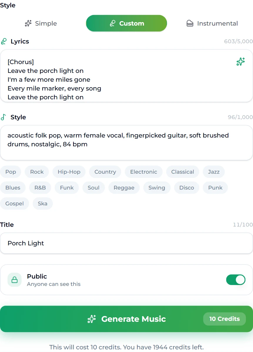 The lyrics to song form on Suno AI Music with the Custom tab selected: our original lyrics in the Lyrics box ending on the chorus "Leave the porch light on", the style "acoustic folk pop, warm female vocal, fingerpicked guitar, soft brushed drums, nostalgic, 84 bpm", the title Porch Light, and a Generate Music button marked 10 Credits