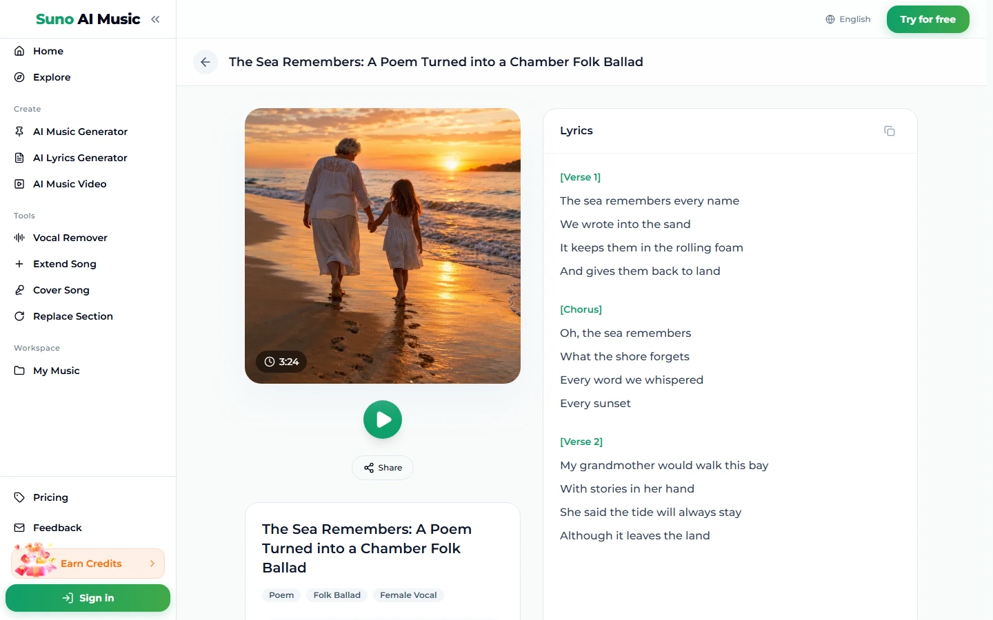 The song page for The Sea Remembers: A Poem Turned into a Chamber Folk Ballad, with a photo of a grandmother and a girl walking on a beach at sunset, a 3:24 badge, a play button, Share, the tags Poem, Folk Ballad and Female Vocal, and the lyrics panel starting with Verse 1 and the Chorus