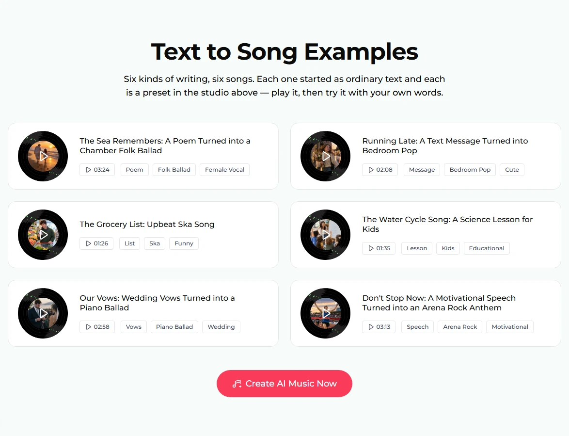 The Text to Song Examples section: six songs on turntable discs, The Sea Remembers 03:24, Running Late 02:08, The Grocery List 01:26, The Water Cycle Song 01:35, Our Vows 02:58 and Don't Stop Now 03:13, each with genre tags
