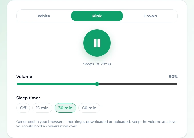 The noise generator playing pink noise: Pink is selected among White, Pink and Brown, the large pause button is showing, the status reads Stops in 29:58, the volume slider sits at 50 percent, and the 30 min sleep timer is selected