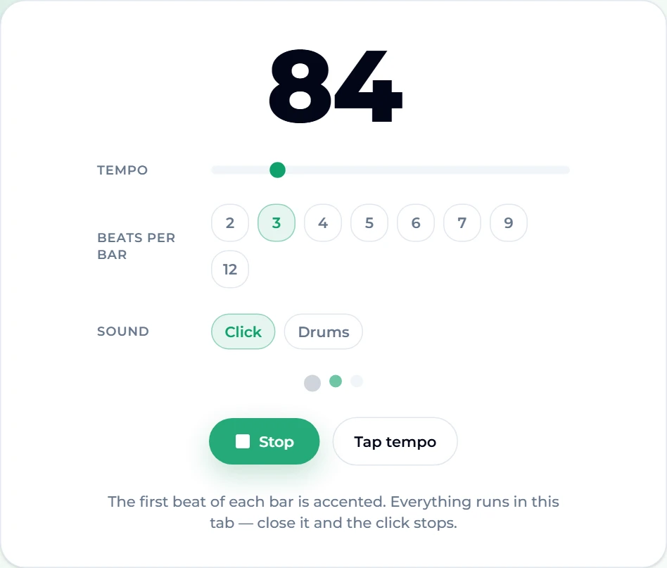The free online metronome running at 84 BPM with 3 beats per bar selected and the Click sound: the tempo slider, the beat buttons 2 to 12, and three beat dots with the second one lit