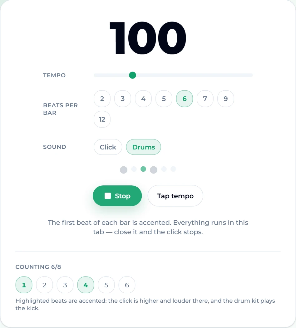 The 6/8 metronome page running with the Drums sound at 100 BPM: six beat buttons with 6 selected, a row of six dots with larger dots on beats one and four, and below it a Counting 6/8 guide with 1 and 4 highlighted as the accented beats