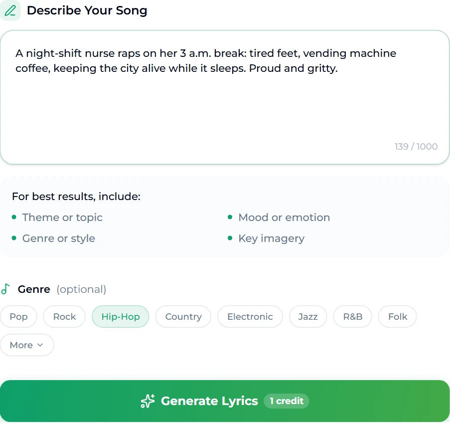 The rap lyrics generator with the brief "A night-shift nurse raps on her 3 a.m. break: tired feet, vending machine coffee, keeping the city alive while it sleeps. Proud and gritty." in the Describe Your Song box, the Hip-Hop genre chip selected, and a Generate Lyrics button marked 1 credit