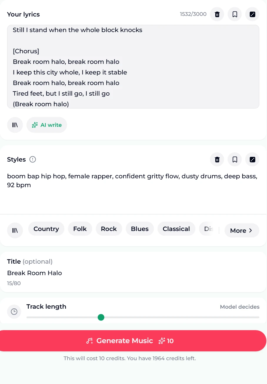 The studio's Own Lyrics form with the Break Room Halo lyrics in the Your lyrics box, the style "boom bap hip hop, female rapper, confident gritty flow, dusty drums, deep bass, 92 bpm", the title Break Room Halo, a Track length slider set to Model decides, and a Generate Music button costing 10 credits