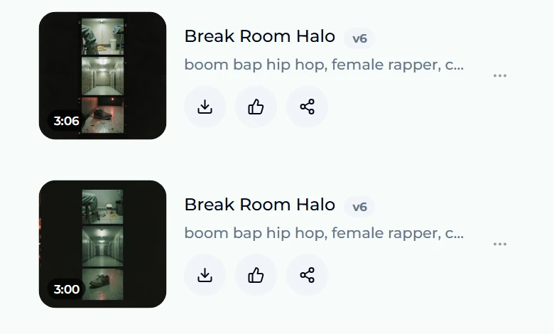 The two Break Room Halo takes finished, with dim hospital-corridor artwork, durations 3:06 and 3:00, and download, like and share buttons