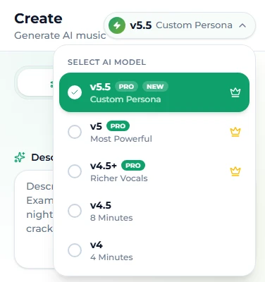 The model menu on the Suno AI Music create page: v5.5 Custom Persona, v5 and v4.5+ as PRO models, v4.5 and v4 free