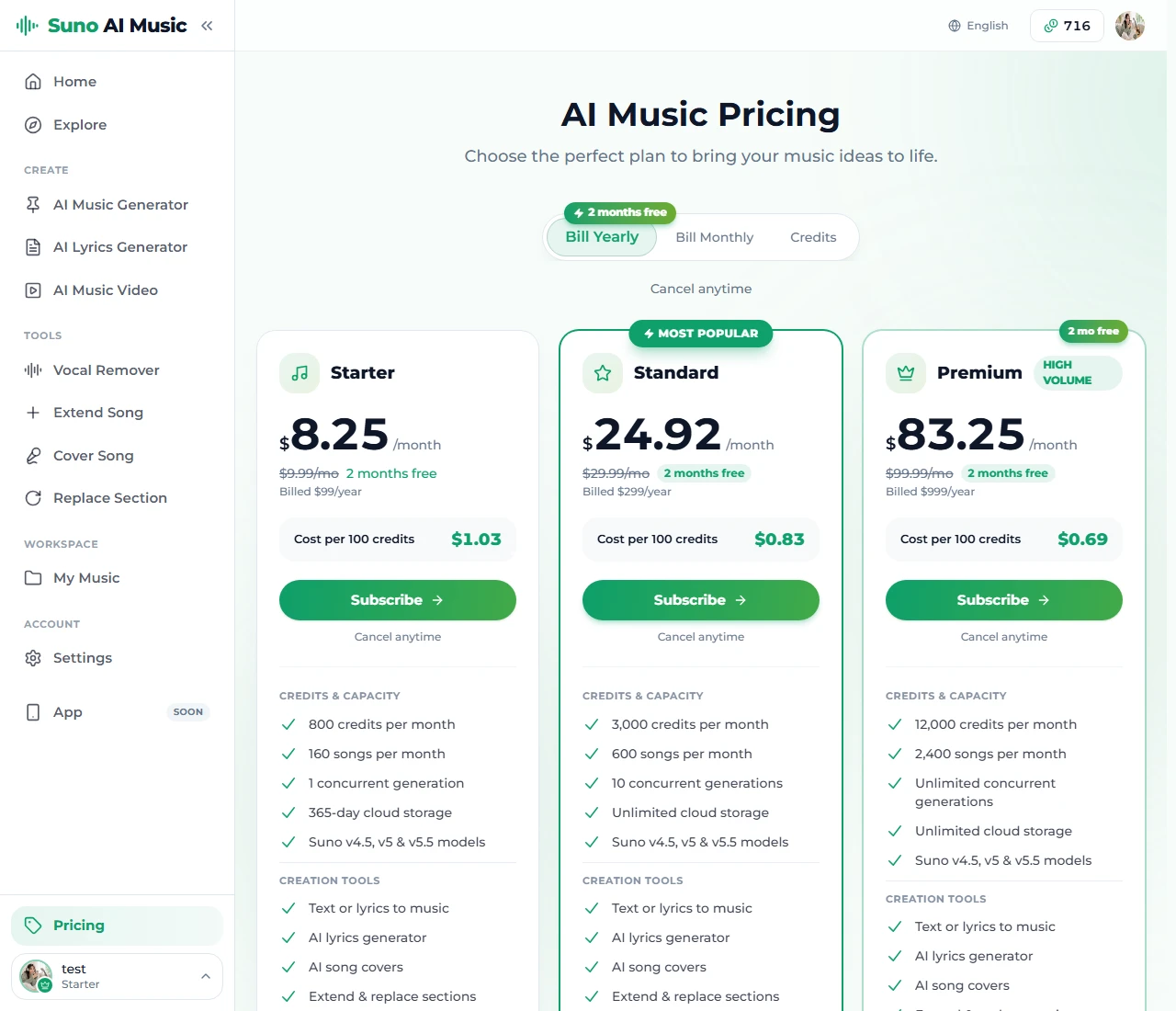 Suno AI Music pricing: Starter, Standard and Premium, with the Suno v4.5, v5 and v5.5 models and the creation tools listed per plan — the commercial licence and WAV export start at Standard