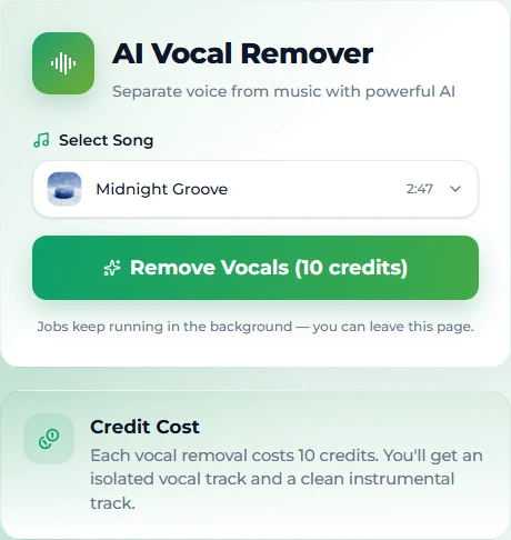 Making a karaoke version on Suno AI Music: the song selected in the vocal remover, one click to separate it into an instrumental and an acapella