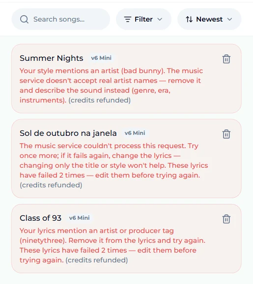 Suno AI Music 곡 목록에 있는 실패한 곡 세 개. 각각 "스타일에 아티스트 이름", "이미 두 번 실패한 가사의 내부 오류", "가사에서 발견된 프로듀서 태그"라는 쉬운 설명이 붙어 있고 모두 크레딧 환불됨으로 표시되어 있다