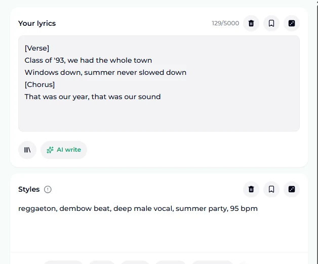 아티스트 이름 없이 다시 쓴 같은 스타일: "reggaeton, dembow beat, deep male vocal, summer party, 95 bpm"