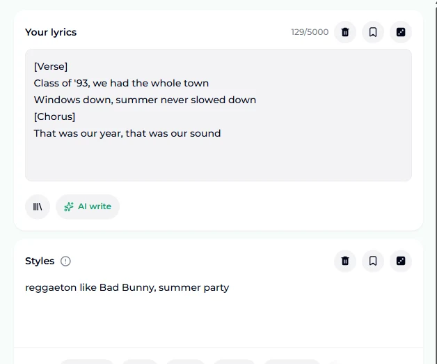 스타일 칸에 "reggaeton like Bad Bunny, summer party"가 입력된 모습. 실제 아티스트 이름이 있어 거부되는 스타일