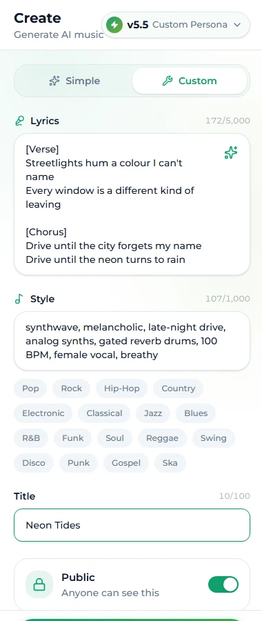 The create page on Suno AI Music in Custom mode: a four-part style prompt in the Style field, tagged lyrics in the Lyrics field, a title, the Instrumental switch and the model picker