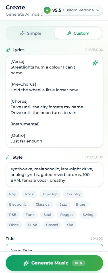 Custom mode on Suno AI Music with the tagged lyric sheet in the Lyrics field and the four-part style prompt in the Style field