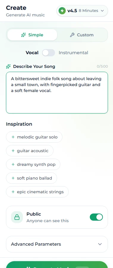 The Suno AI Music create page in Simple mode with a one-sentence description typed in, ready to generate